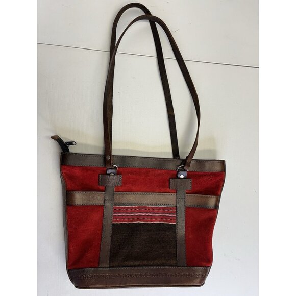 VINTAGE BROWN AND RED BOLIVIAN HANDMADE SUEDE LEATHER SHOULDER PURSE BAG - Picture 1 of 9